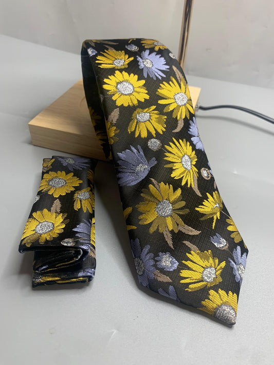 T&C skyzeal sunflower tie and pocket square (multicolor)