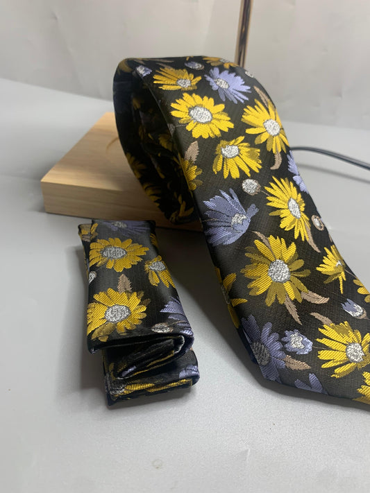 T&C skyzeal sunflower tie and pocket square (multicolor)