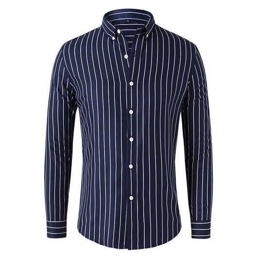 LGF Men's Office  Strip Button Lapel Long Sleeve Stretch Tops Blouse Casual Dress Shirt - Navy Blue