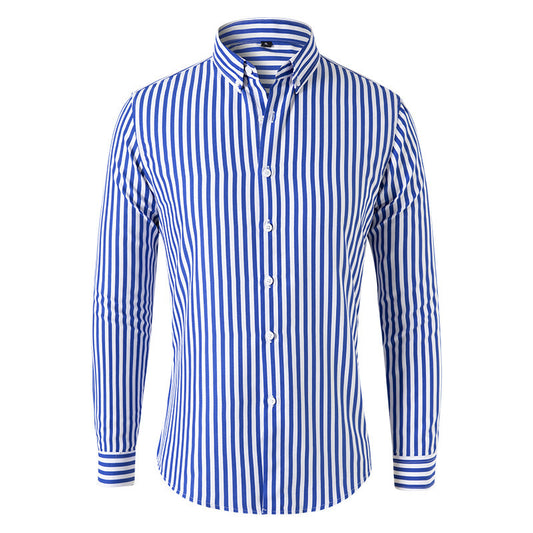 LGF Men's Office  Strip Button Lapel Long Sleeve Stretch Tops Blouse Casual Dress Shirt - Blue