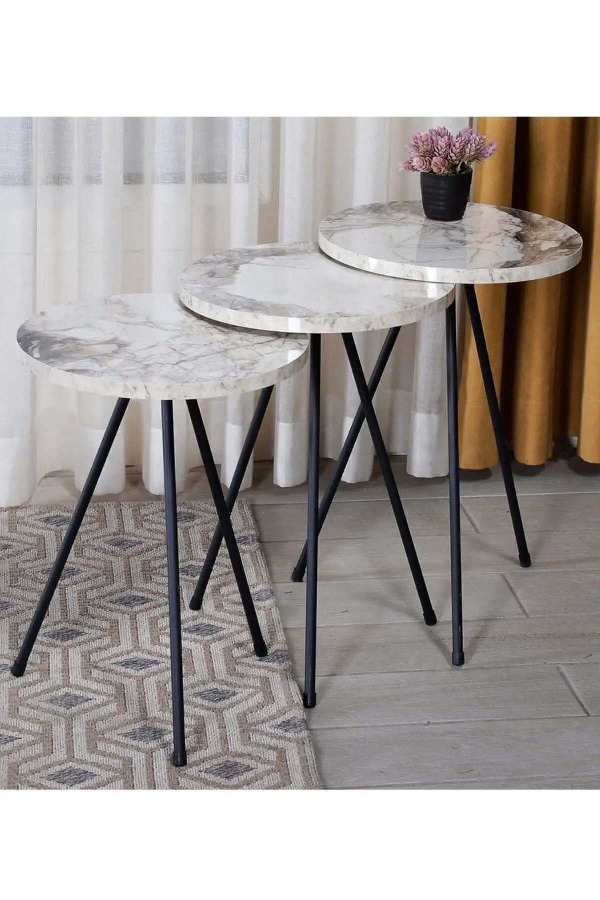 Nesting Tables Set of 3 Marble Wooden with Black Metal Legs