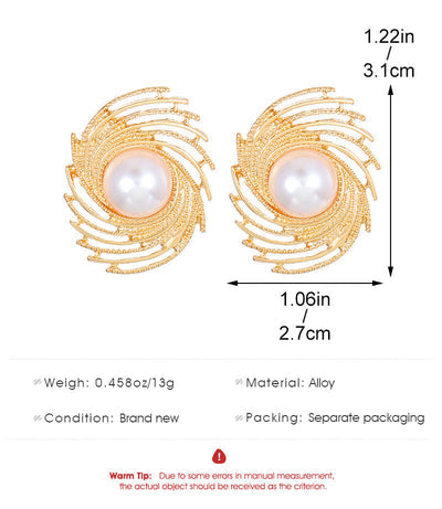 Exagerated spiral pearl gold stud earrings SJP