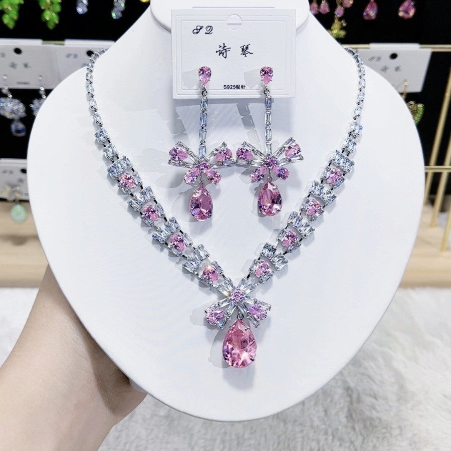 Pink Glitter Zircon Bridal Jewelry Set SJP