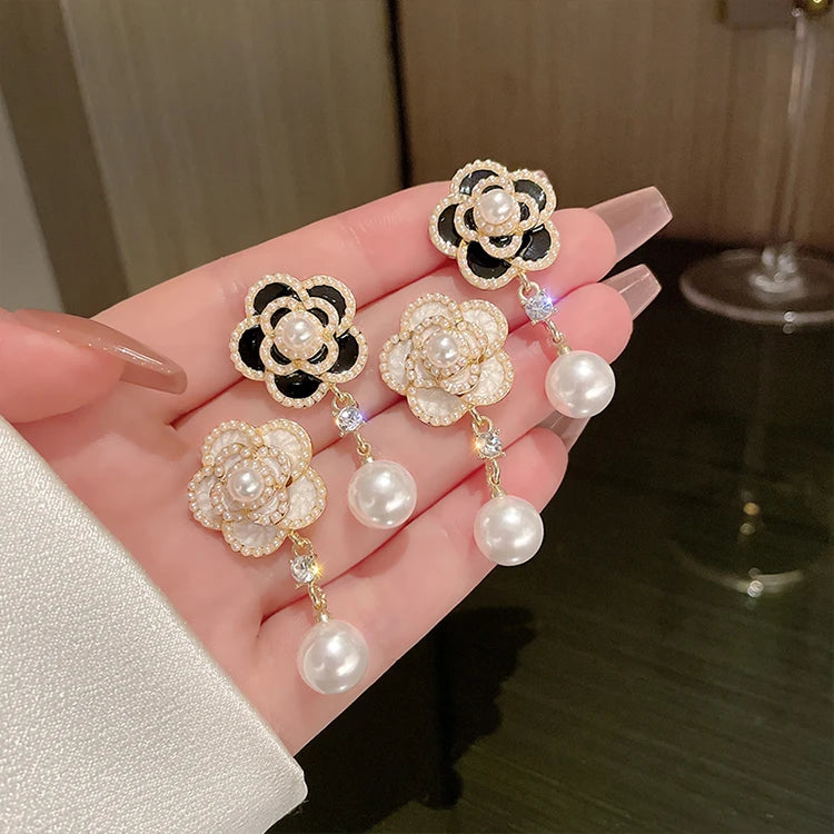 Camellia Pearl Drop Earrings Charm Elegant White Flower Dangler SJP