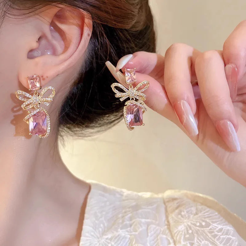 Classic Rhinestone Bowknot Diamond Earring SJP- pink