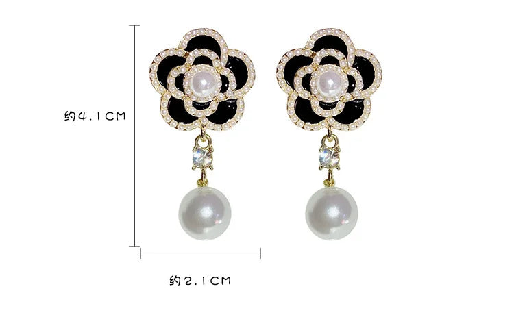Camellia Pearl Drop Earrings Charm Elegant Black White Flower Dangler SJP