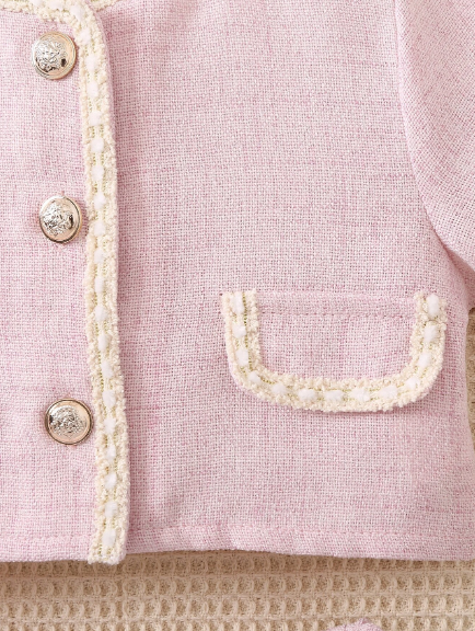 Shein Toddler Girls Contrast Trim Flap Detail Jacket & Pleated Skirt - Baby Pink Tots & Togs