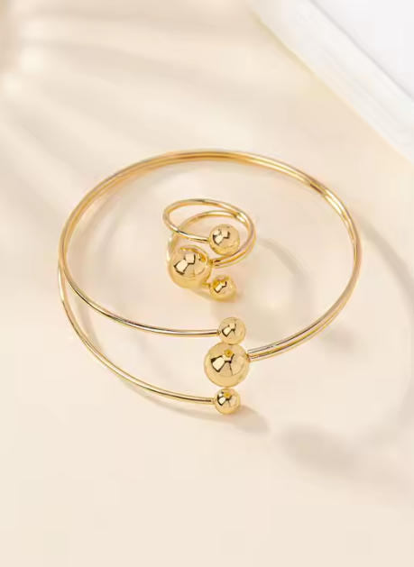 Gold plated Adjustable high end bangle and ring set SJP