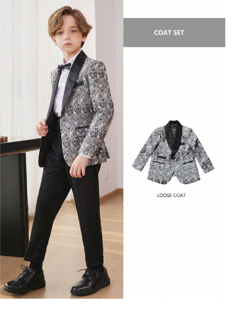 Shein Young Boy Floral Pattern Shawl Collar Suit Jacket, Suitable For Festivals, School, Daily Wear, Autumn