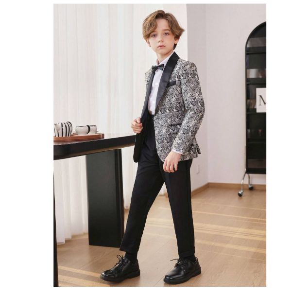 Shein Young Boy Floral Pattern Shawl Collar Suit Jacket, Suitable For Festivals, School, Daily Wear, Autumn