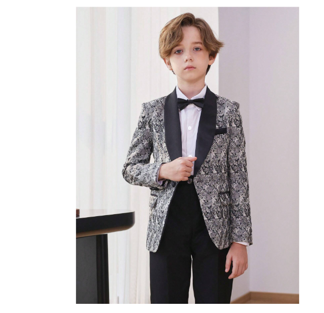 Shein Young Boy Floral Pattern Shawl Collar Suit Jacket, Suitable For Festivals, School, Daily Wear, Autumn