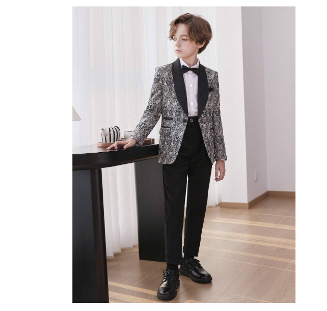 Shein Young Boy Floral Pattern Shawl Collar Suit Jacket, Suitable For Festivals, School, Daily Wear, Autumn