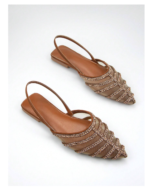 SHEIN Women's Gorgeous Rhinestone Decorated Brown Suede Mesh Lined Pointed Toe Slingback Elegant Comfortable Daily Party Flat Shoes