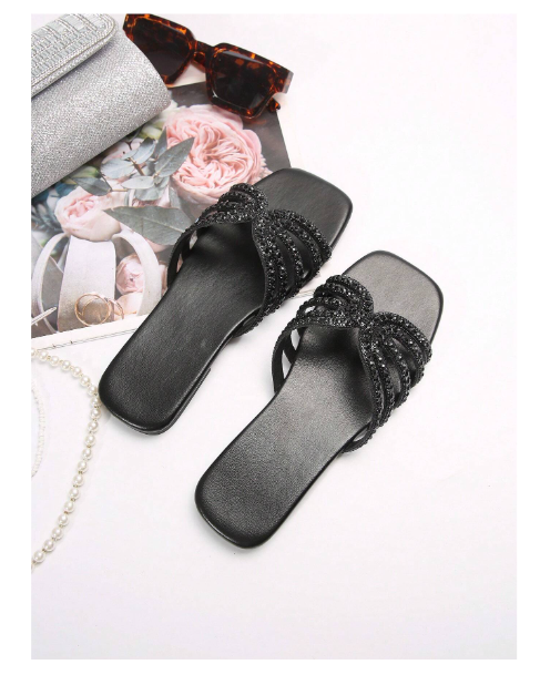 Shein Glass Rhinestone Casual Fashion Open-Toe Flat Sandals For Women