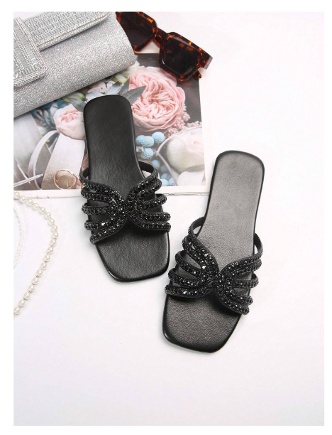 Shein Glass Rhinestone Casual Fashion Open-Toe Flat Sandals For Women