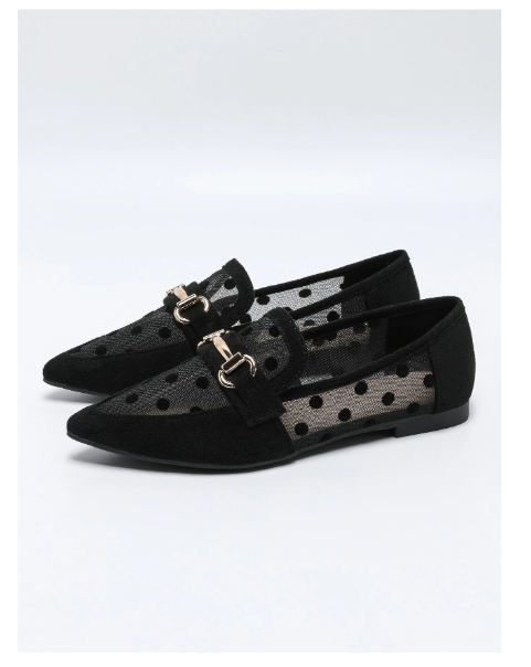 Shein Women Breathable Polka Dot Snaffle Decor Point Toe Flats, Fashionable Outdoor Mesh Loafer Flats