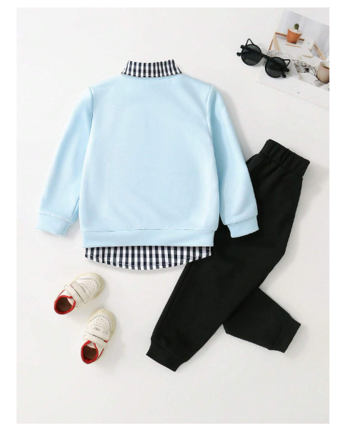 SHEIN Young Boy 2pcs Set Cute Casual Embroidered Sweatshirt And Comfortable Black Pants Fall Winter Outfit