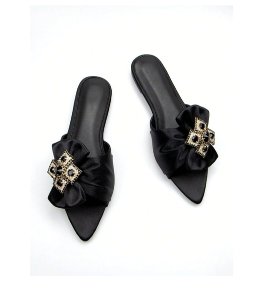 Shein Glamorous Slide Sandals For Women, Satin Rhinestone & Bow Decor Single Band Flat Sandals