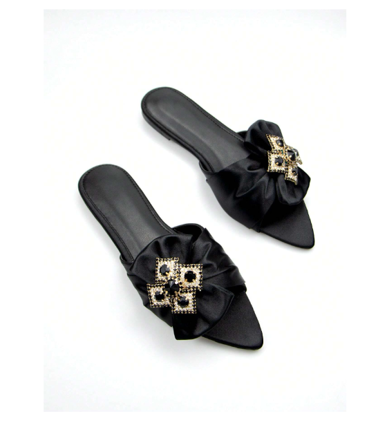 Shein Glamorous Slide Sandals For Women, Satin Rhinestone & Bow Decor Single Band Flat Sandals