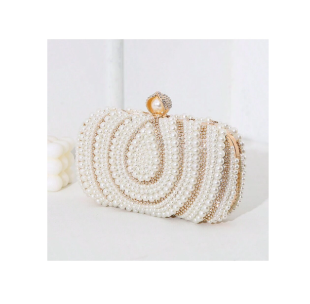 Shein Retro Faux Pearl Embroidered Rhinestone Decorated Clutch Purse Formal Party Handbag