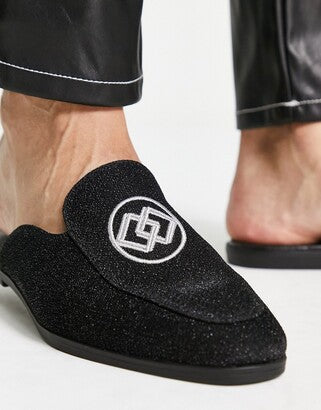ASOS DESIGN loafers in black glitter velvet with silver embroidery