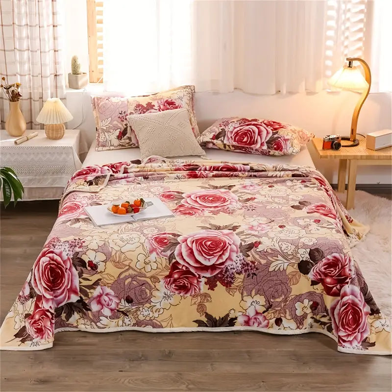 1pc Soft and Warm Floral Print Flannel Blanket for Home, Office, Camping, and Travel