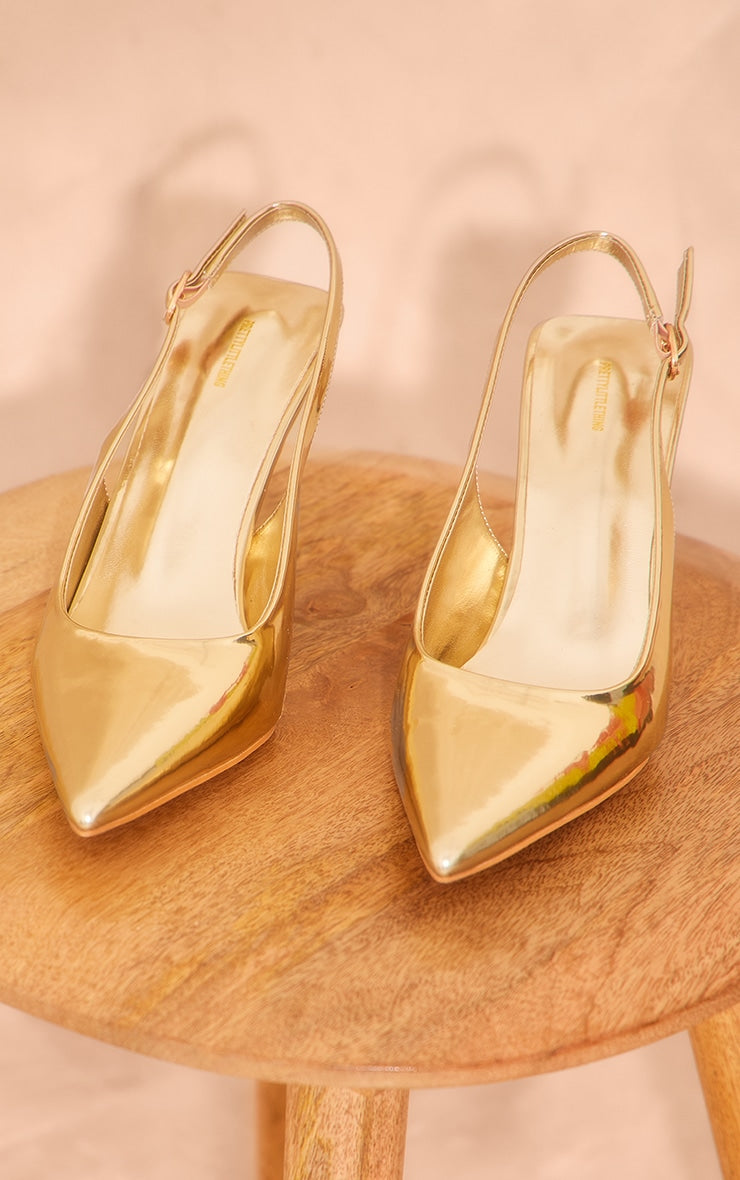 Prettylittlething Gold PU Point Toe Sling Back Mid Heeled Courts