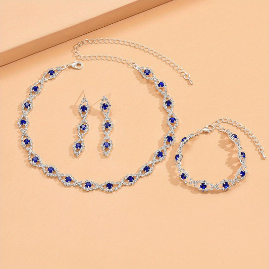 Fashionable Rhinestone Embellished Necklace, Earrings And Bracelet Set