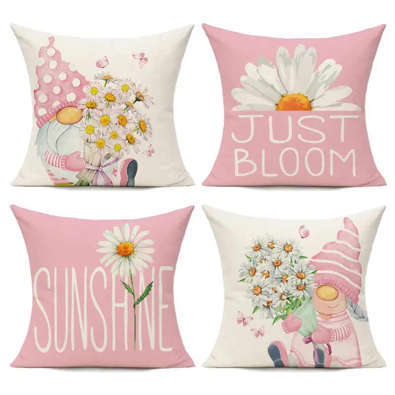4pcs Daisy Flower Gnome Pattern Spring Throw Pillow Covers