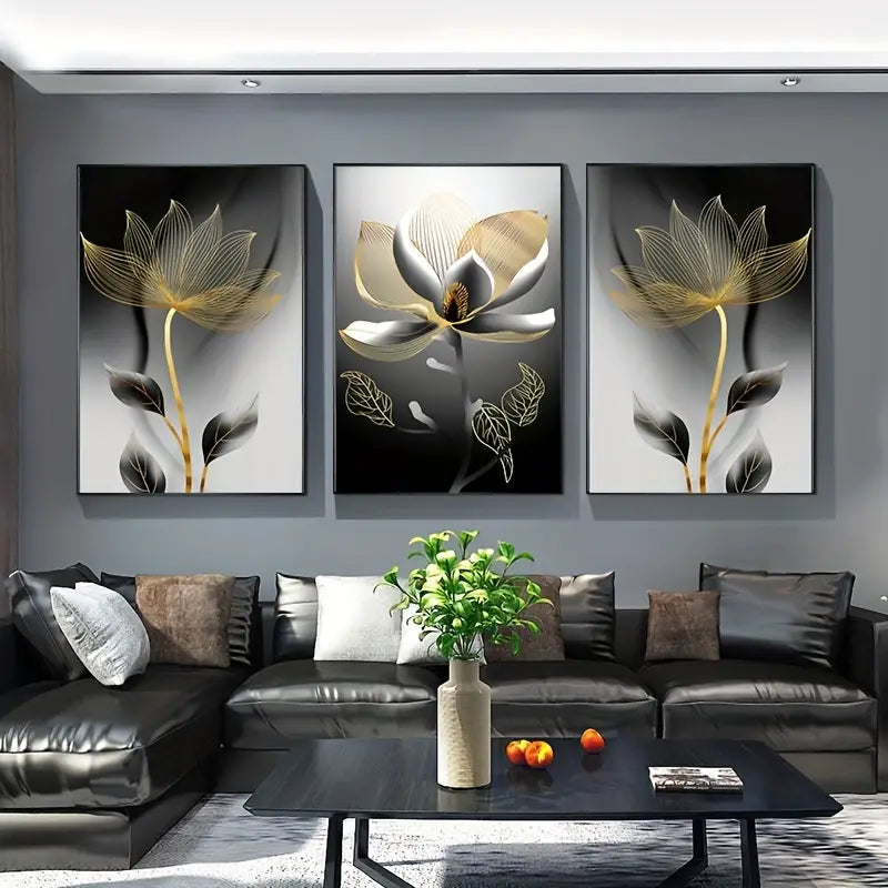 3pcs Frameless Modern Luxury Flower Painting, Wall Art Canvas Painting,