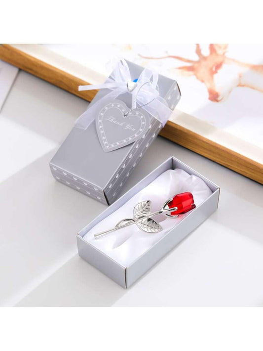 Red Rose Gift for Her, Crystal Rose Flower with Gift Box, Rose with silvery Leaves, K9 Crystal Rose Infinity Flower