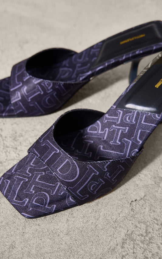 Prettylittlething Indigo Twill Square Toe Logo Mid Heeled Mule Sandals-1