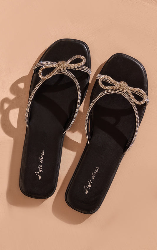 Prettylittlething Black Pu Square Toe Diamante Bow Strap Flat Sandals