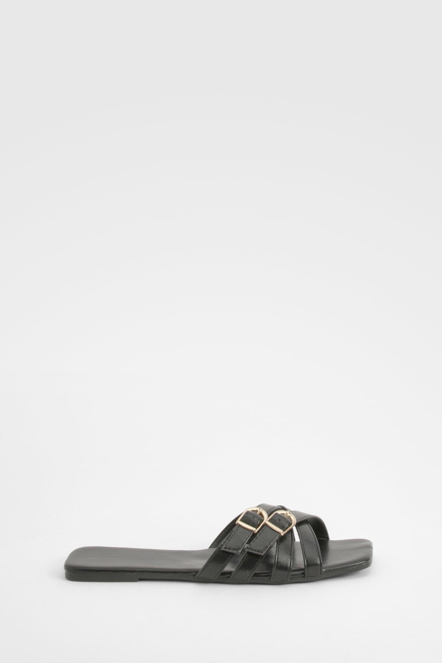 Boohoo Square Toe Double Buckle Mule Sandals BLACK