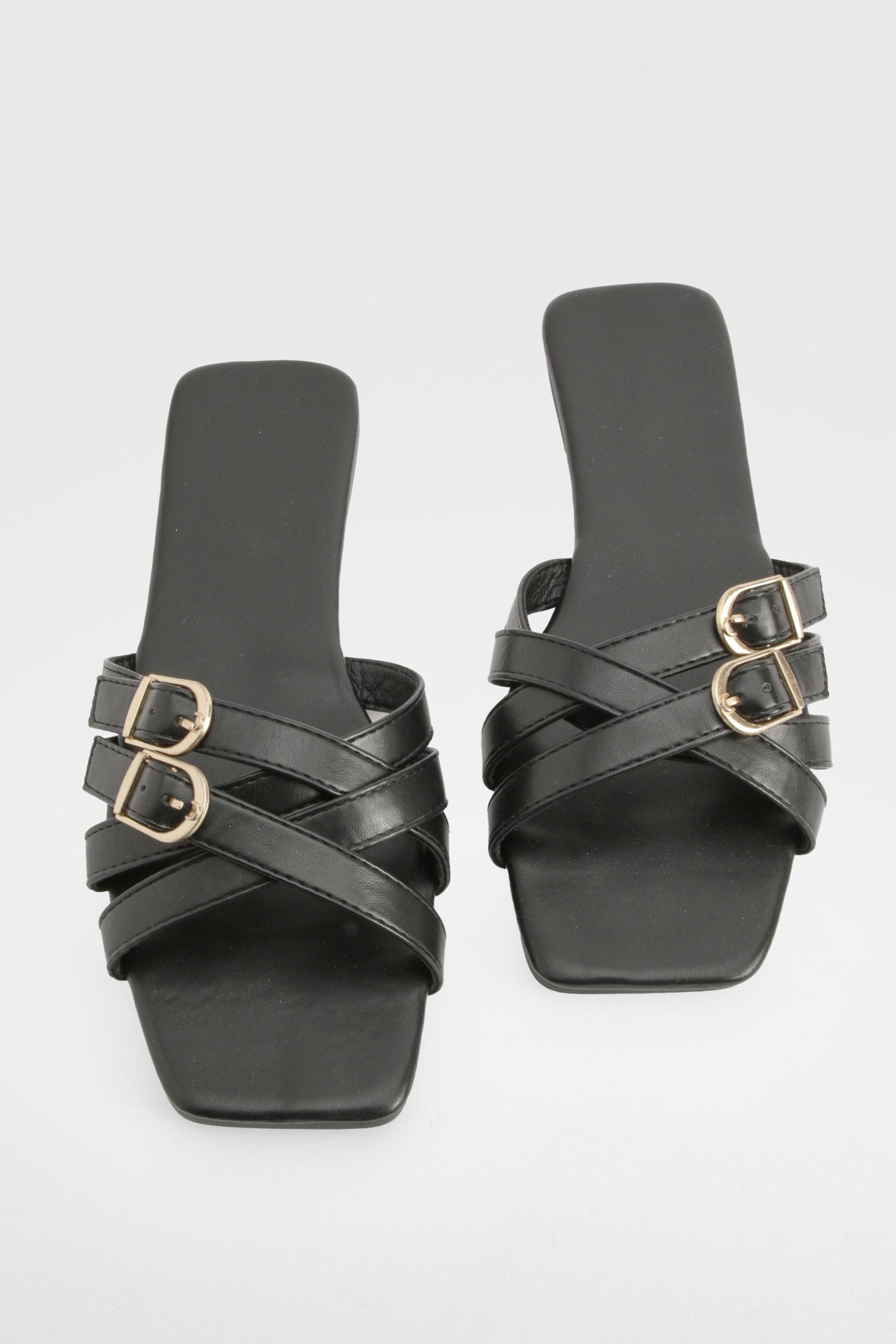 Boohoo Square Toe Double Buckle Mule Sandals BLACK