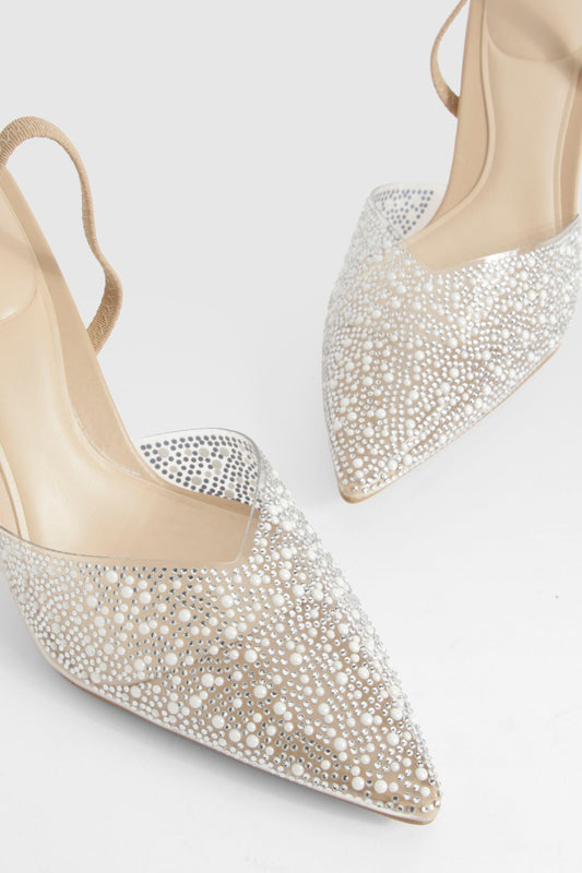 Boohoo Pearl Embellished Slingback Court Heels