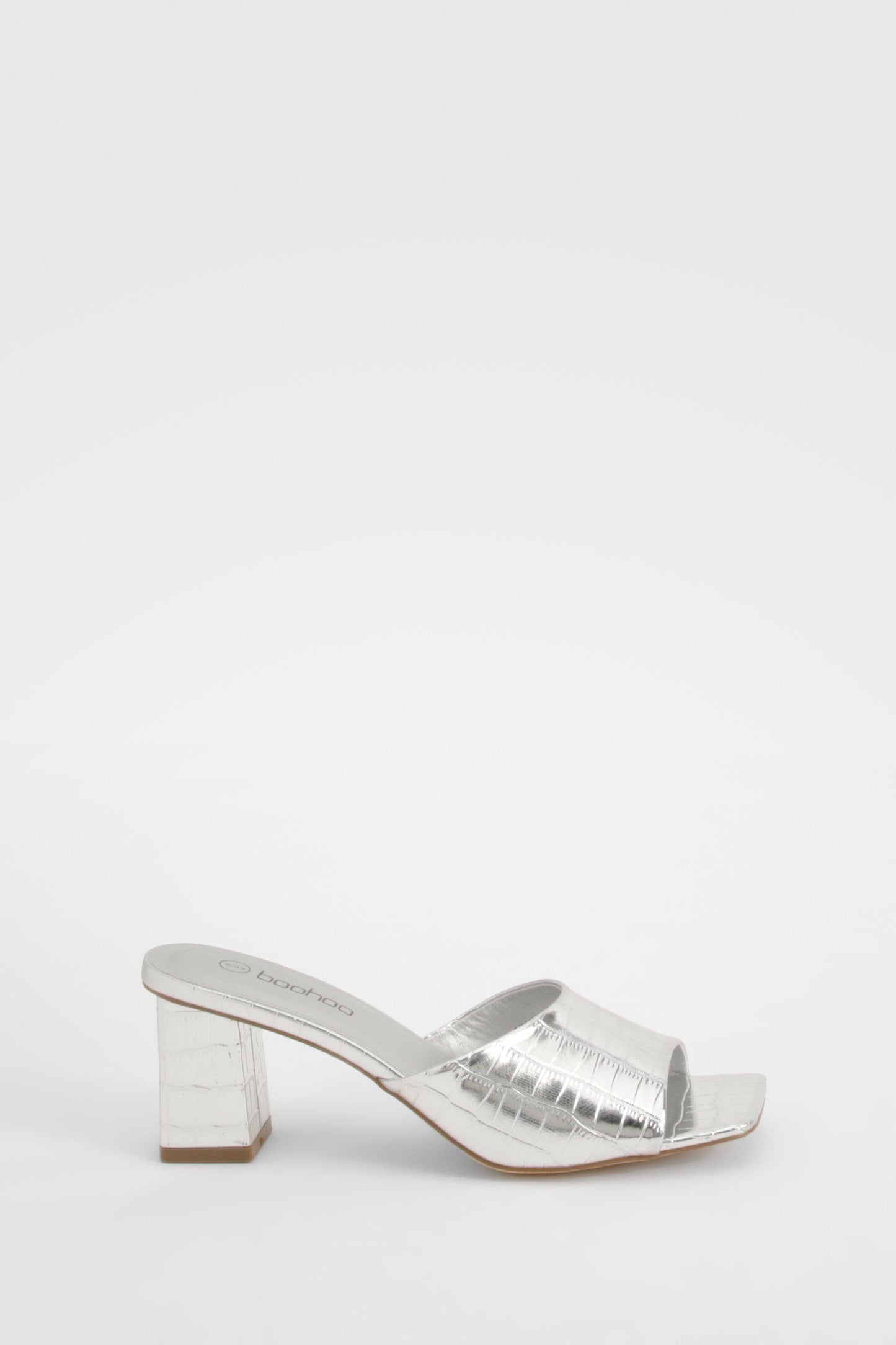 Boohoo Croc Metallic Low Block Heeled Mule Shoe