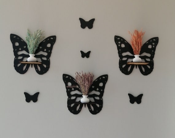 MONALICA 3D Black Wooden Wall Decorative Butterfly Wall Shelf