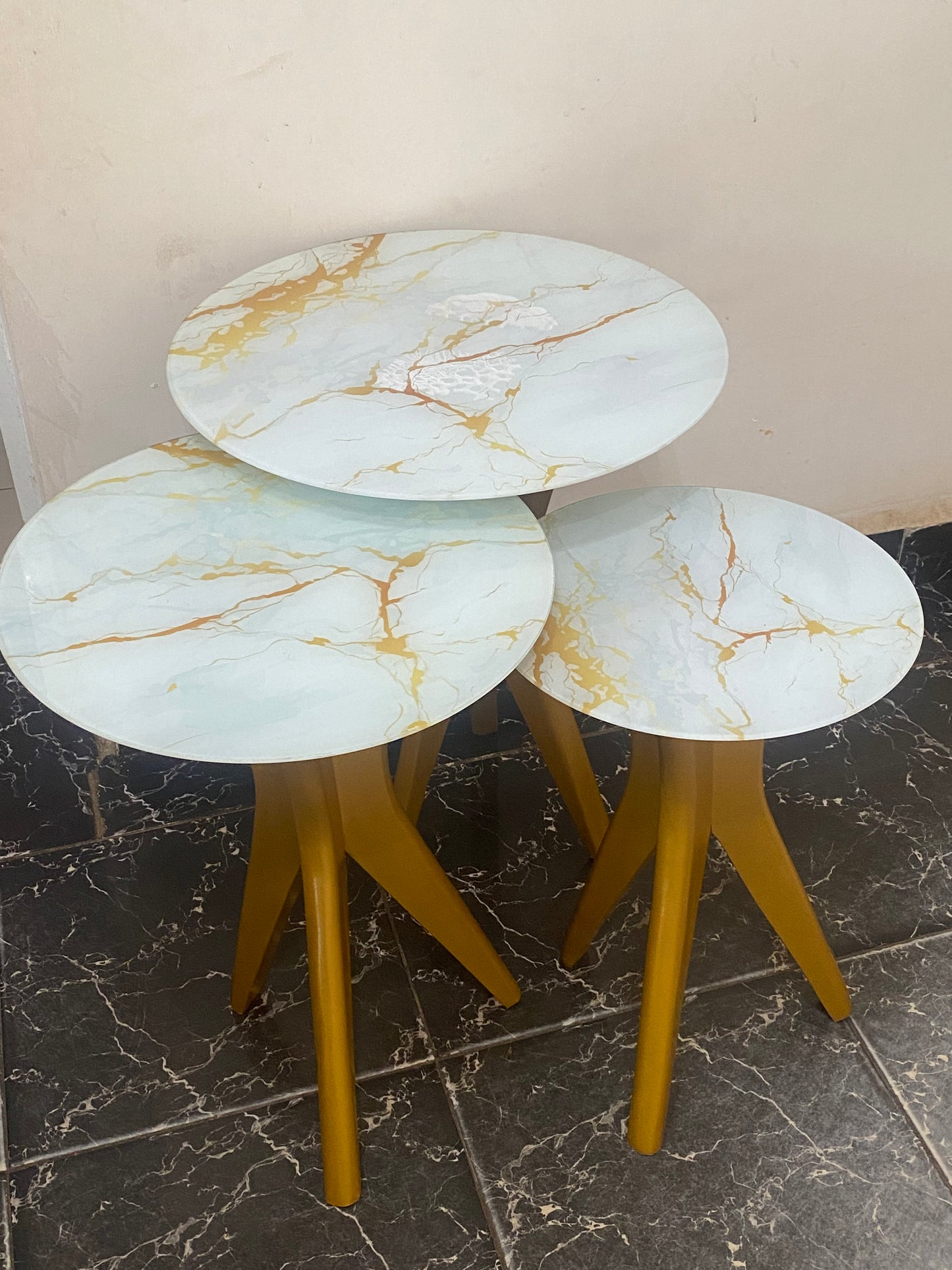 Marble Pattern Gold Unbreakable Glass Top Golden Wooden Leg Nesting Table Set of Three