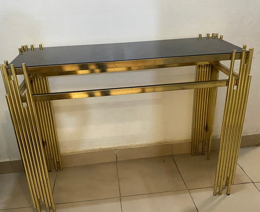 1pc Black Glass Top Console Table With Gold Frame