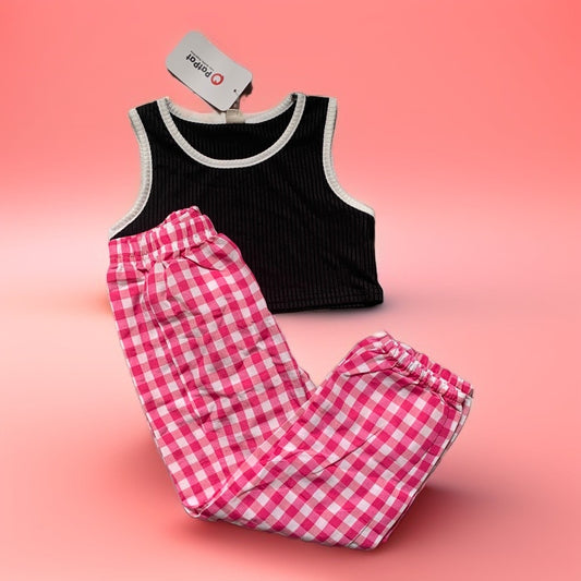 Pat Pat 2pcs Black Cami Crop Top with Pink Check Pants Tots & Togs