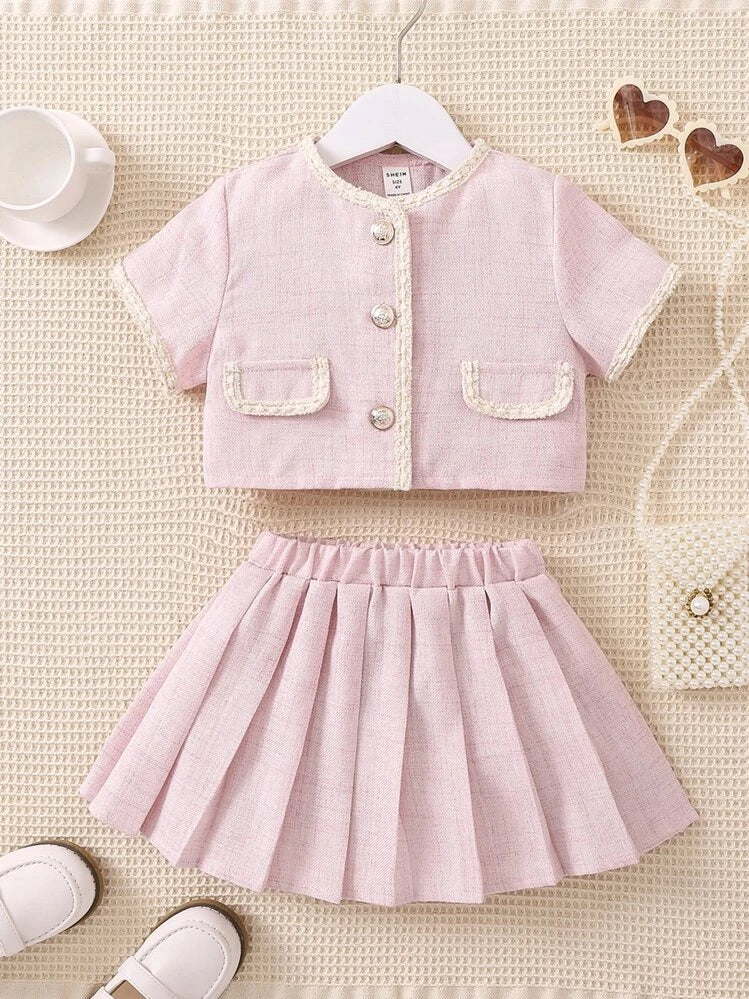 Shein Toddler Girls Contrast Trim Flap Detail Jacket & Pleated Skirt - Baby Pink Tots & Togs