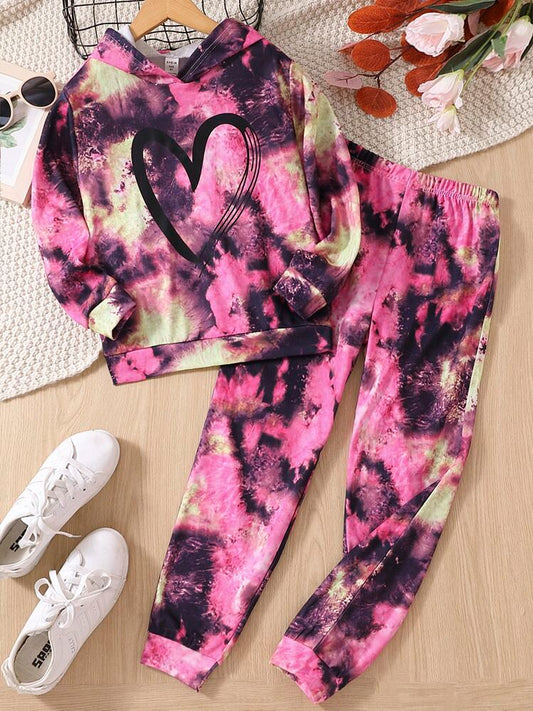 Shein Girls Heart Print Tie Dye Hoodie & Sweatpants Tots & Togs