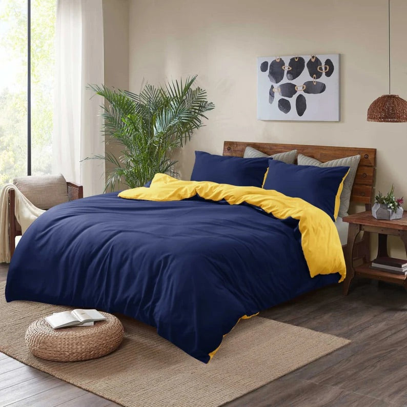 Yoyo Beddings Navy blue duvet cover set Plain combine with yellow