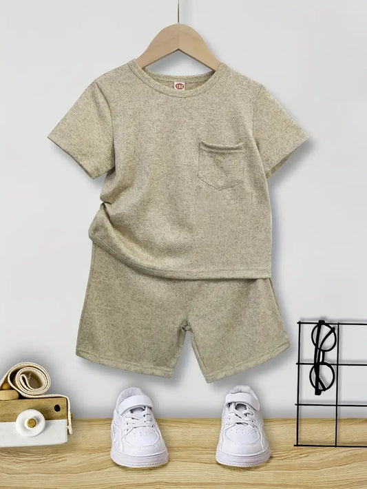 Pat Pat 2pcs Boys Casual Short Sleeve Solid Color T-Shirt & Shorts Set - Apricot  Tots & Togs