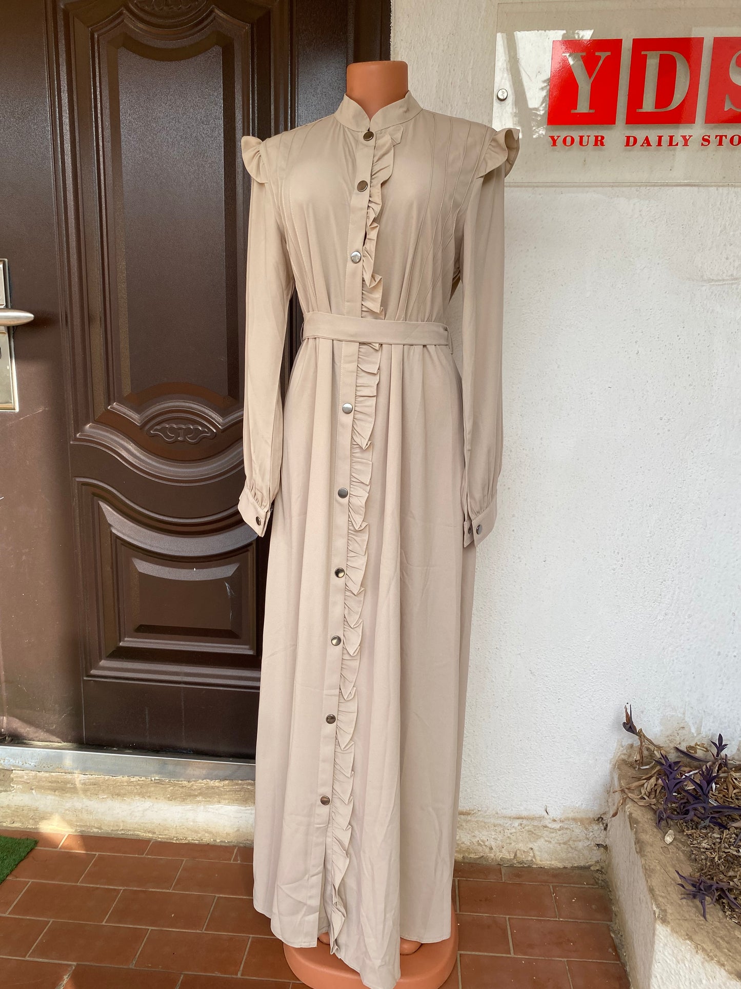 A.A Royale Egyptian Abaya Fitted print all button gown- Cream
