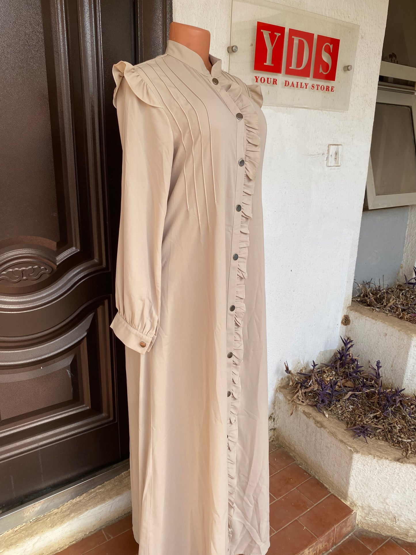 A.A Royale Egyptian Abaya Fitted print all button gown- Cream