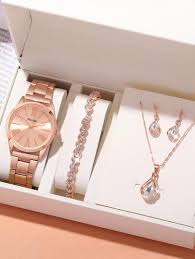1pc Women Zinc Alloy Strap Fashion Round Dial Quartz Watch & 1set Rhinestone Decor Jewelry Set, For Party
