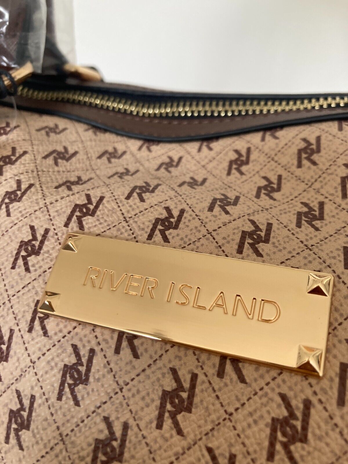 River Island jacquard barrel bag in beige