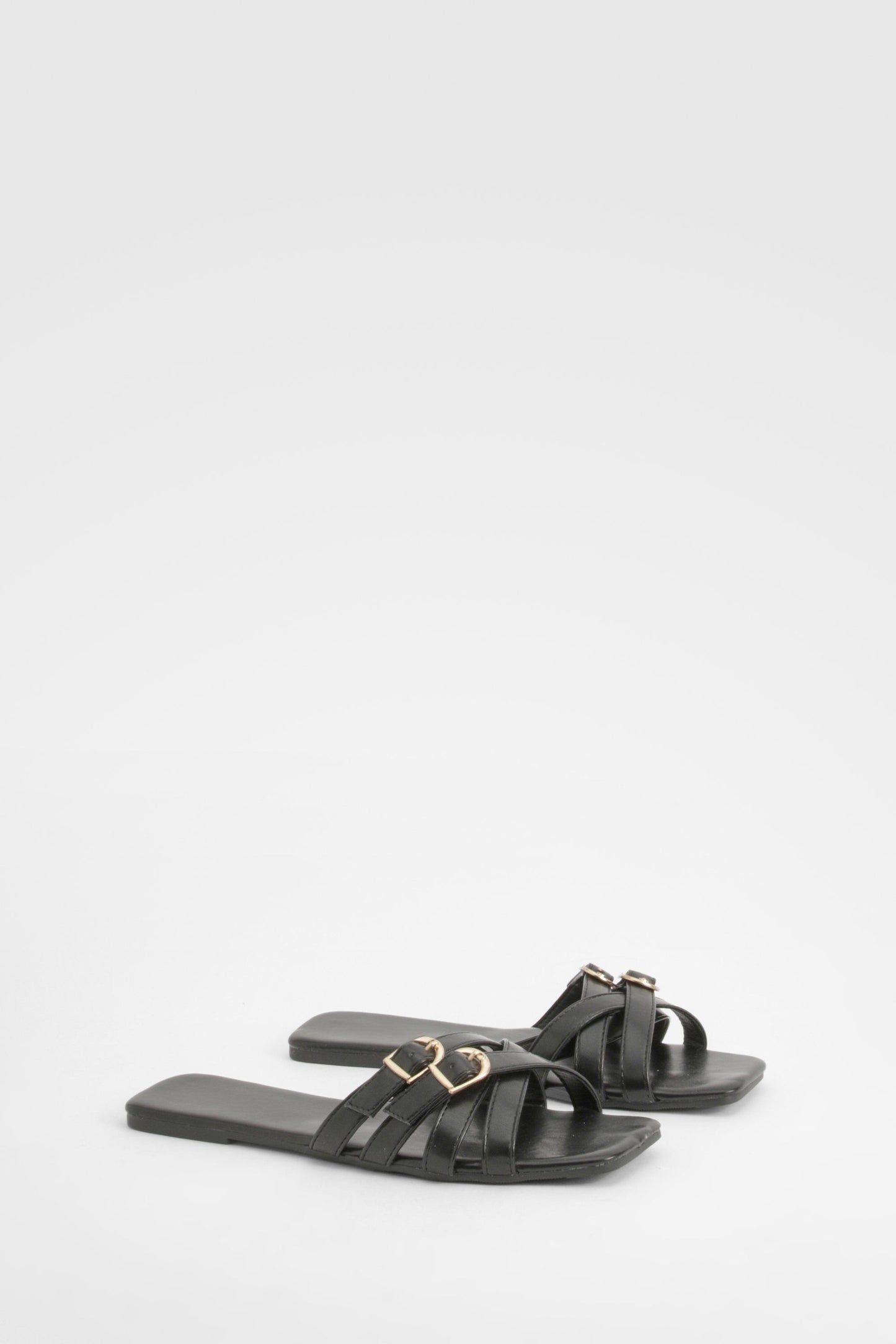 Boohoo Square Toe Double Buckle Mule Sandals BLACK